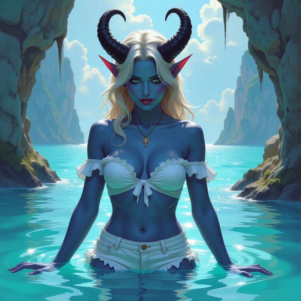 Tiefling Emerges from Sea: Fantasy Oil Painting