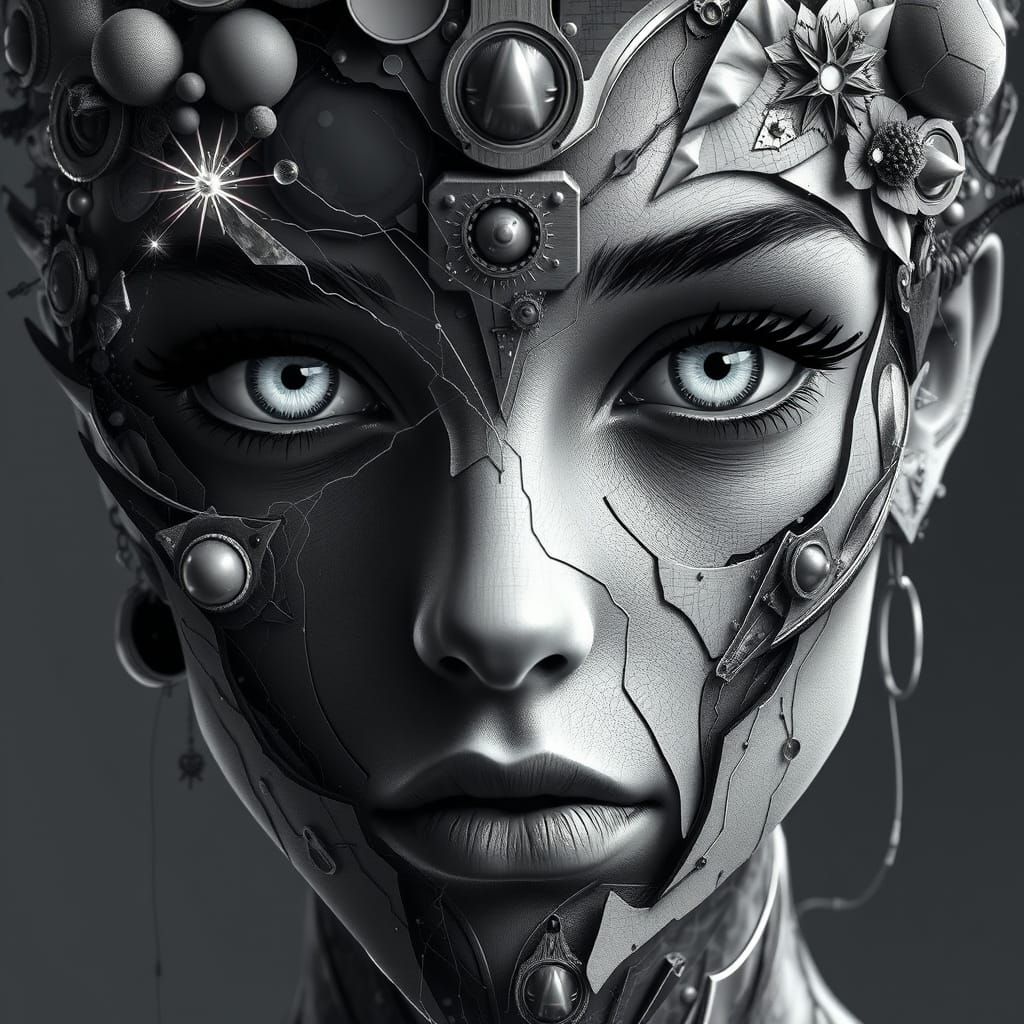 Fragmented Grayscale Portrait with Vibrant Eyes in Surreal S...