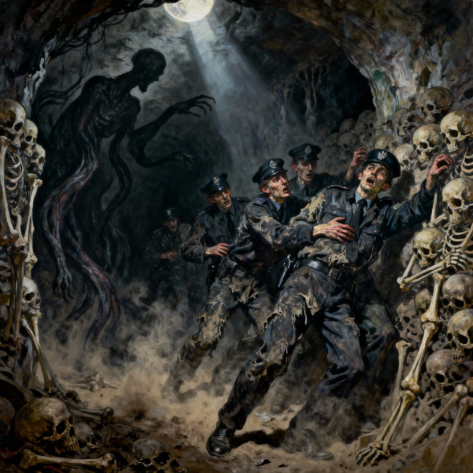 Agonized Police in Paris Catacombs, Expressionist Style