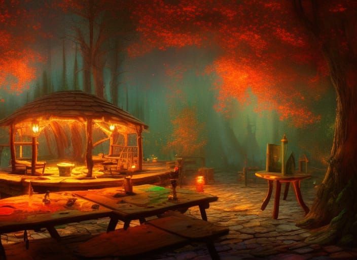 Enchanting Forest Tavern with Twinkling Lights