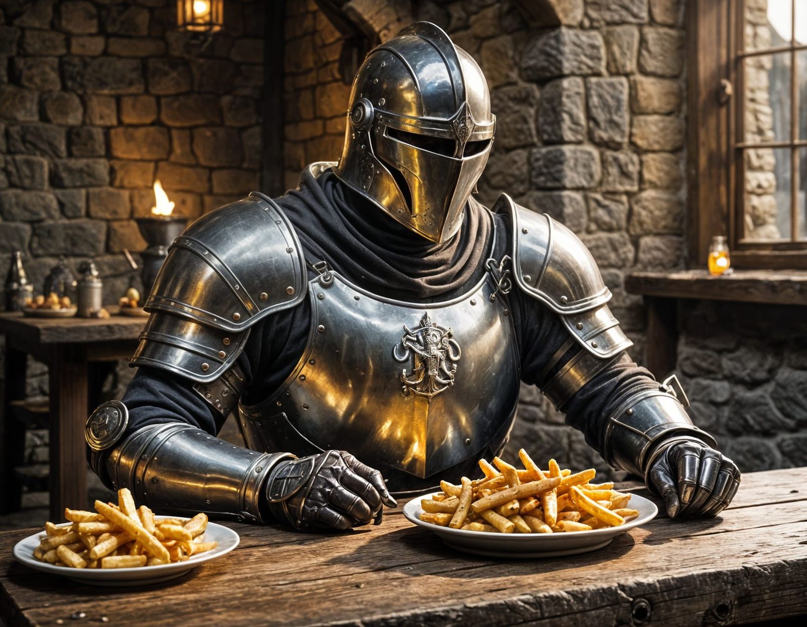 Medieval Knight's Guilty Feast in Dark Fantasy Tavern