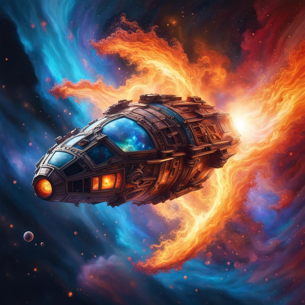 Glass Starship Diving Through Burning Nebula