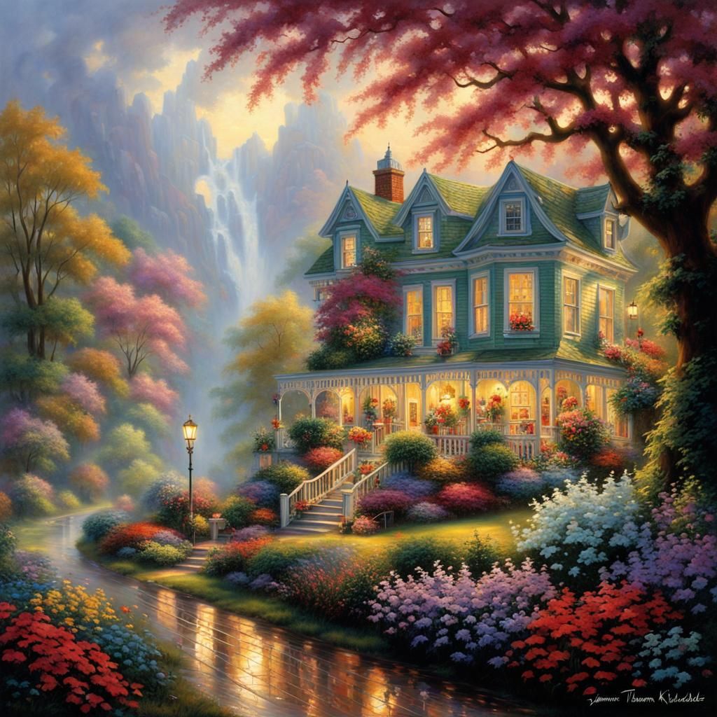 Hyperrealistic Maximalist Scene with Mist, in Kinkade Style