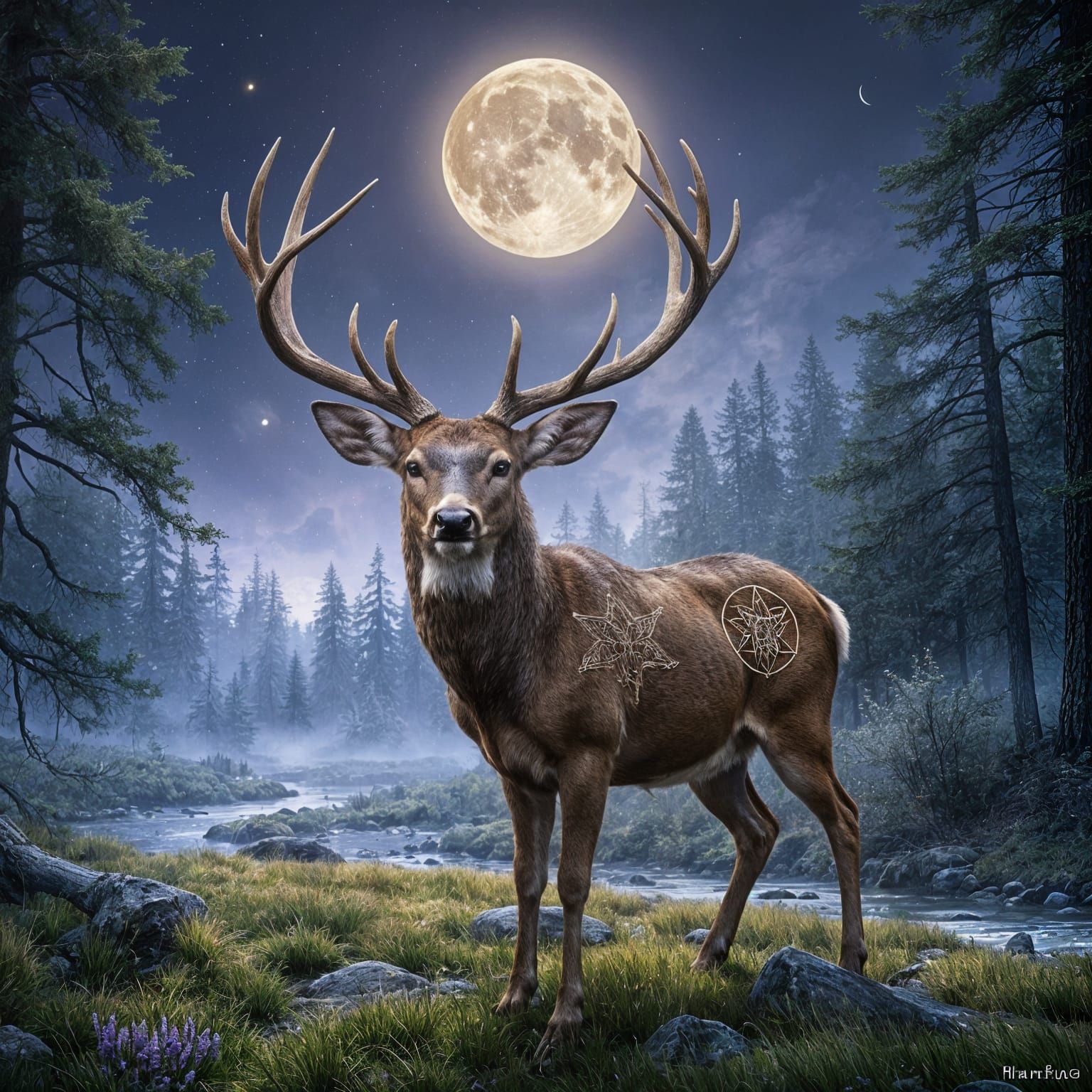 Mystical Deer with Sigils Under a Full Moon