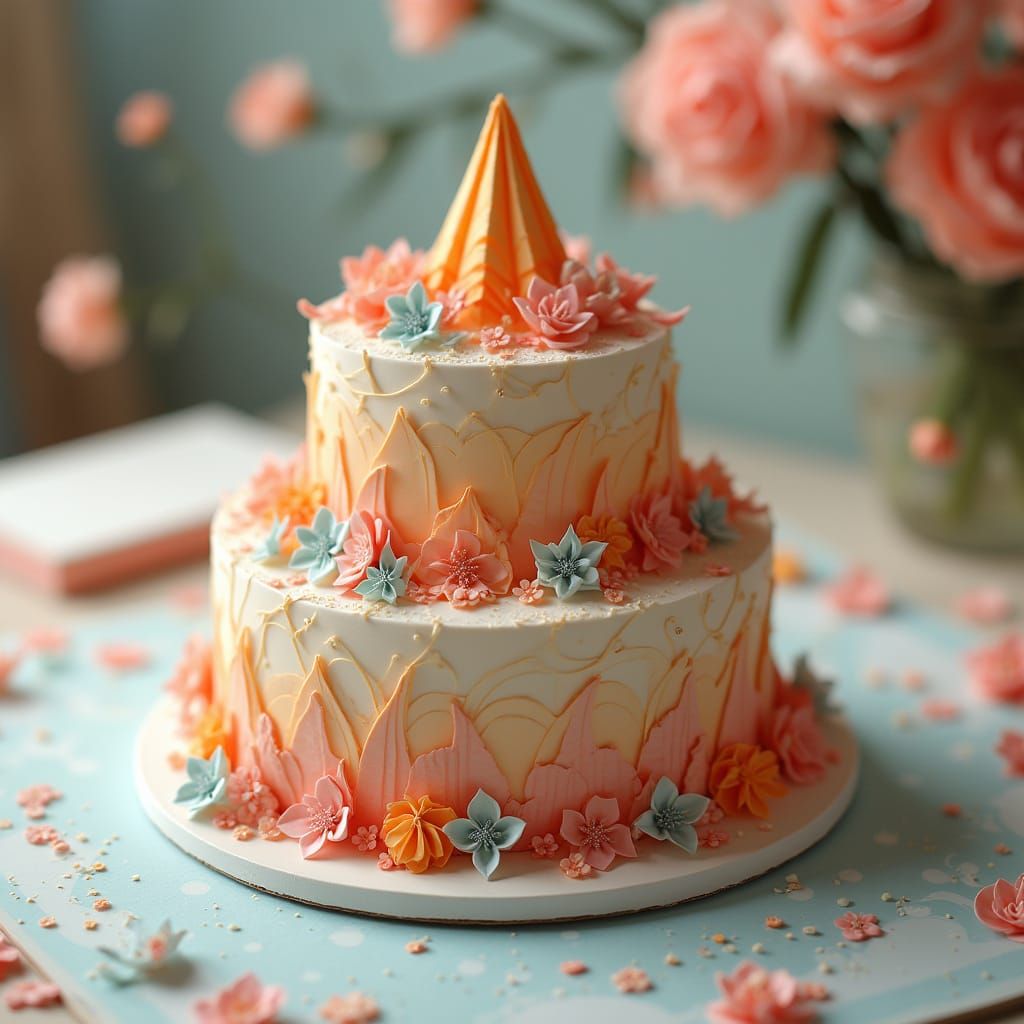 Origami Birthday Cake in Surrealist Style