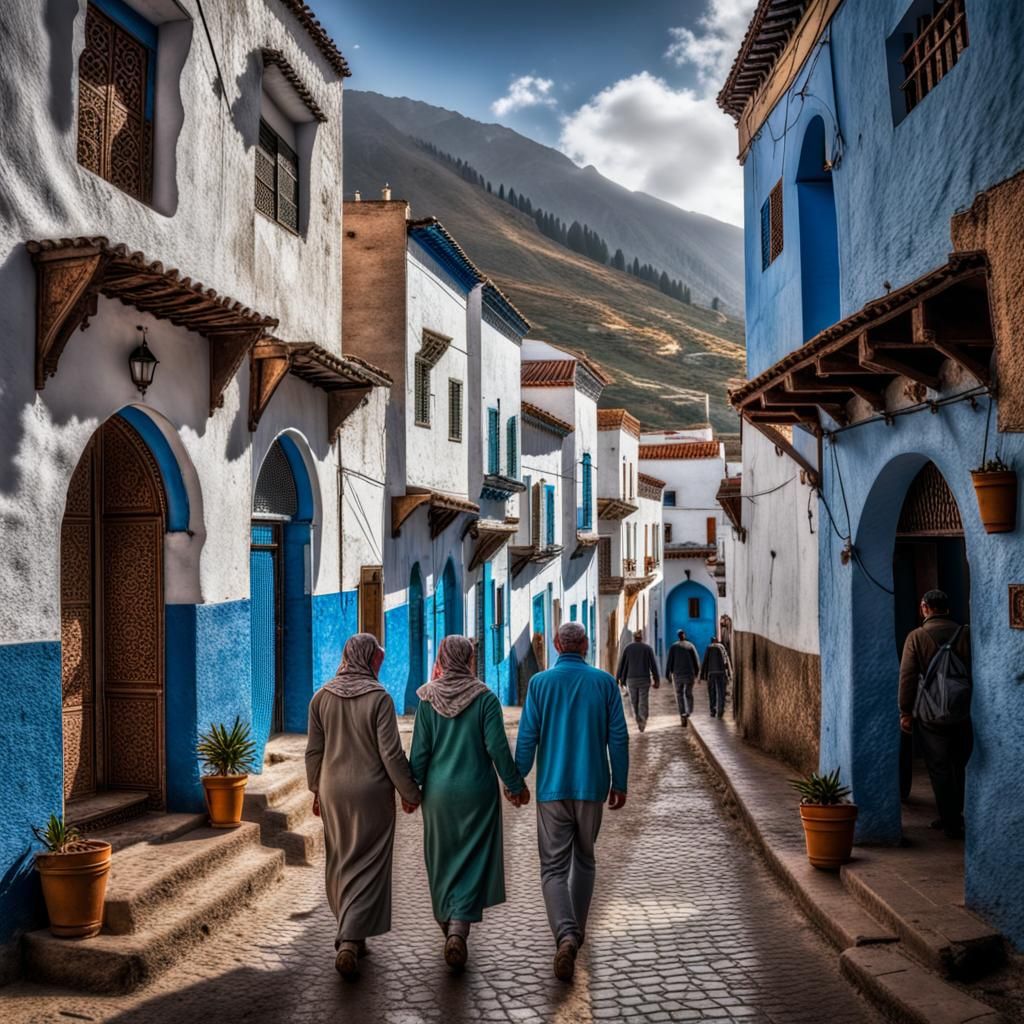 Couple Walking Through Chefchaouan, Morocco