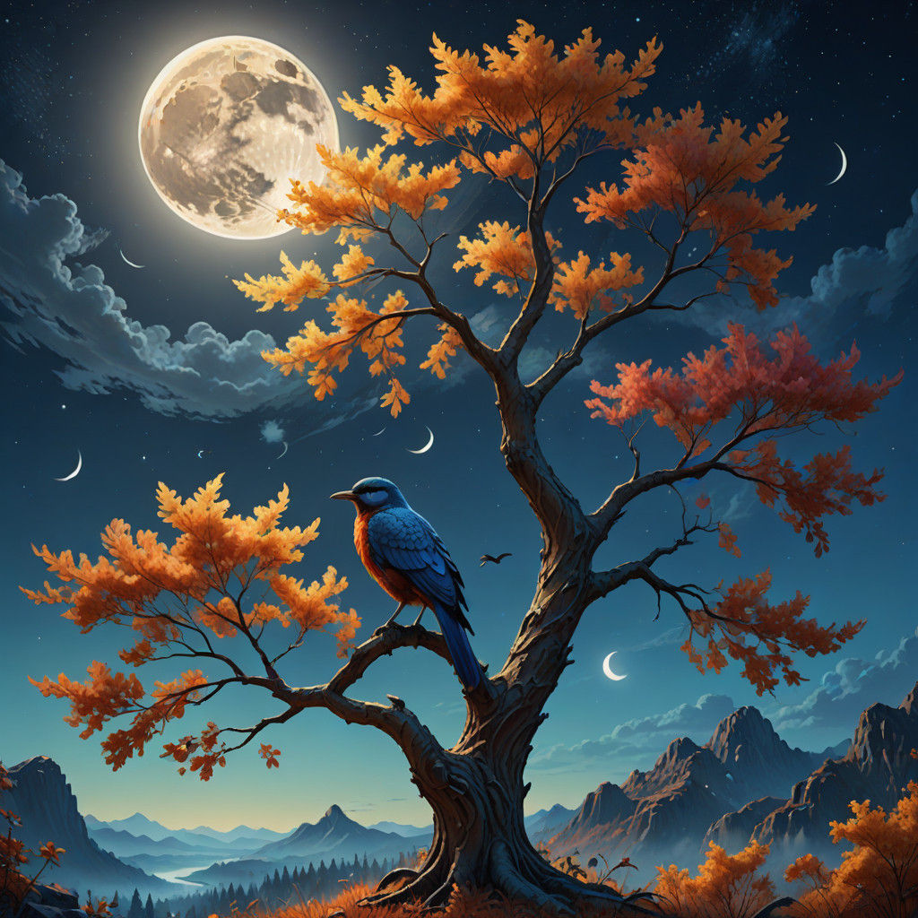 Ethereal Autumn Tree Scene in Dreamlike Oil Painting Style