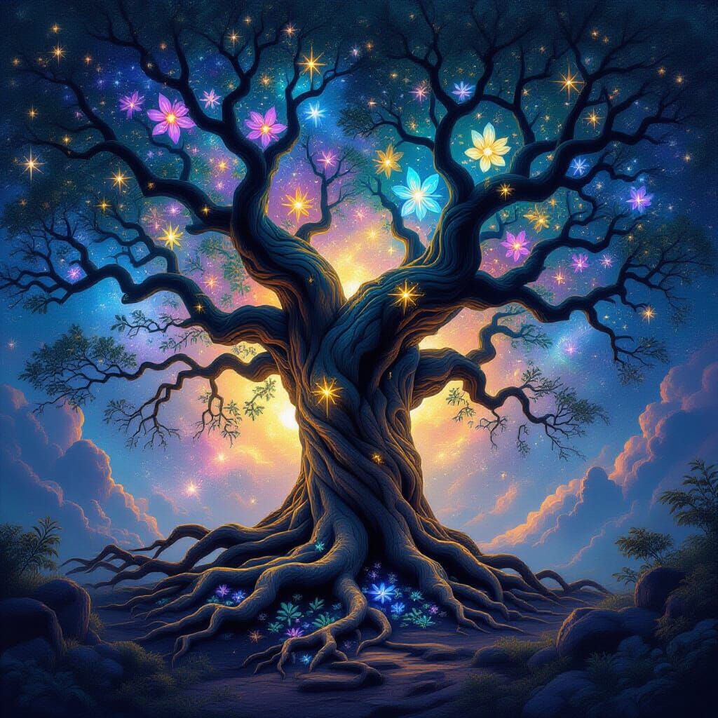 Cosmic Tree in Nebula: Surreal Painterly Style