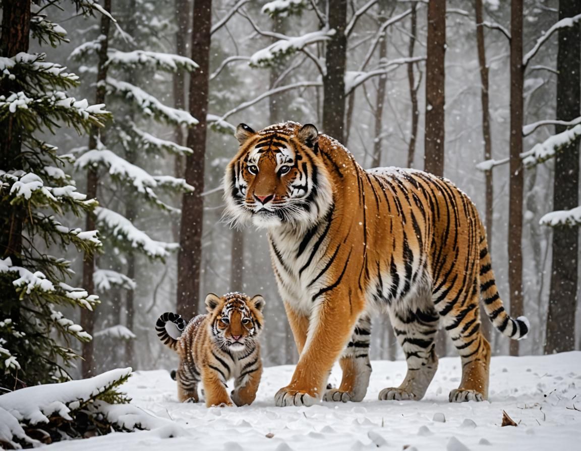 Siberian Tiger and Cub in Snowy Forest: Cinematic Photo