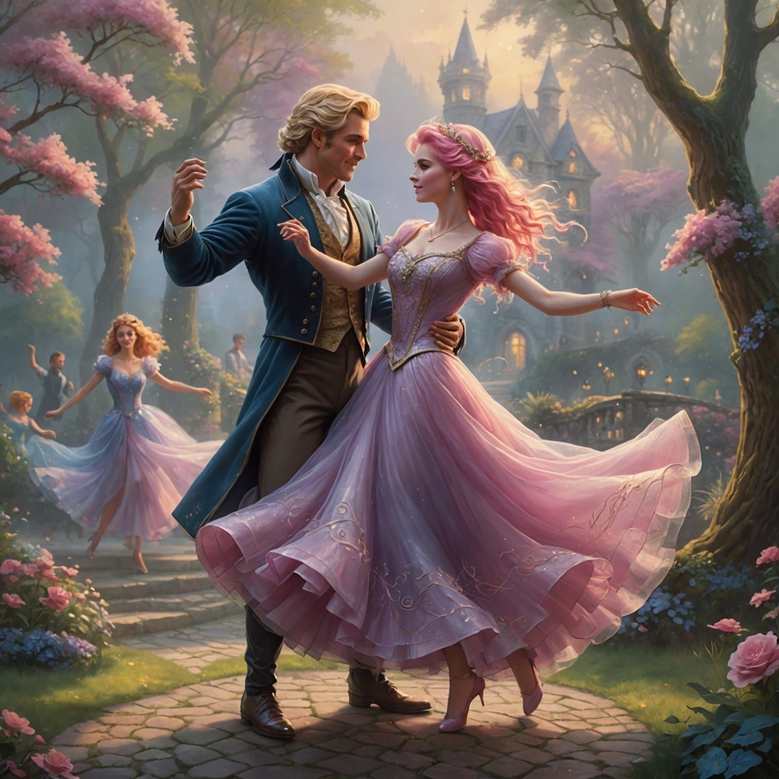 Ethereal Dance of Pink and Blonde in Kinkade Style
