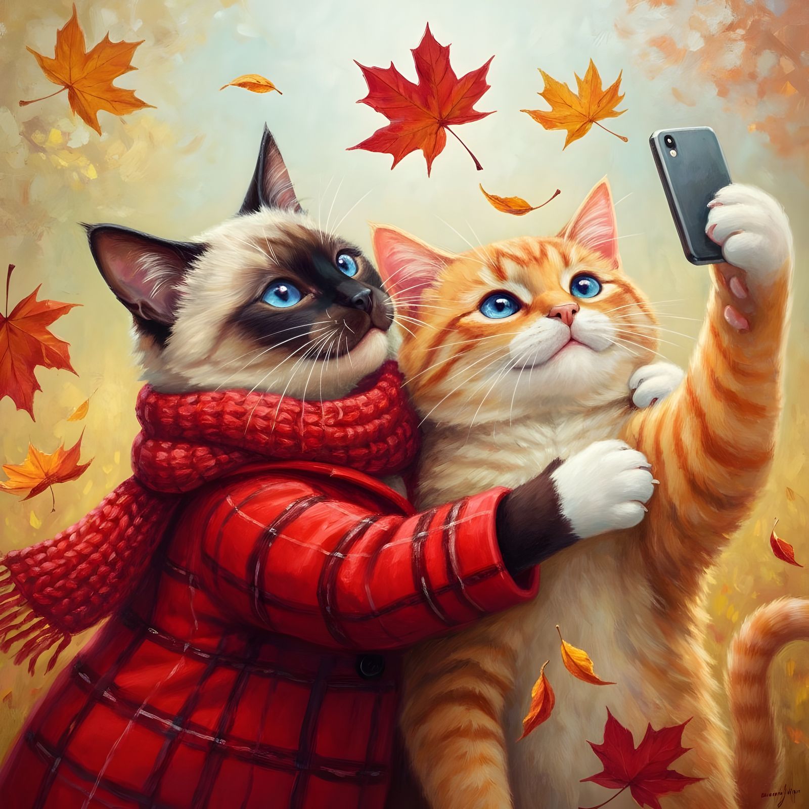 Impressionist Oil Painting of Cats in Autumn