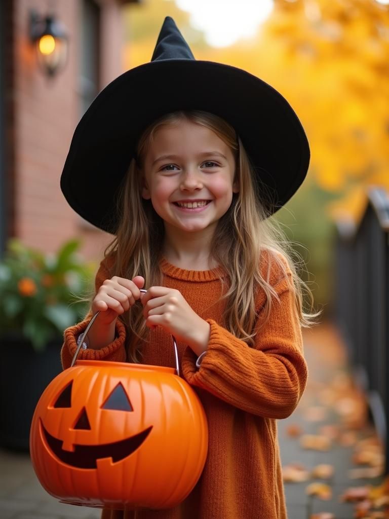 Smiling Girl in Witch Hat on Autumn Porch