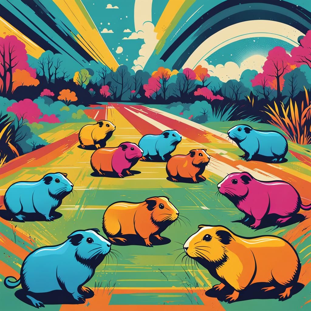Guinea Pigs Running Wild: Pop Art Digital Illustration