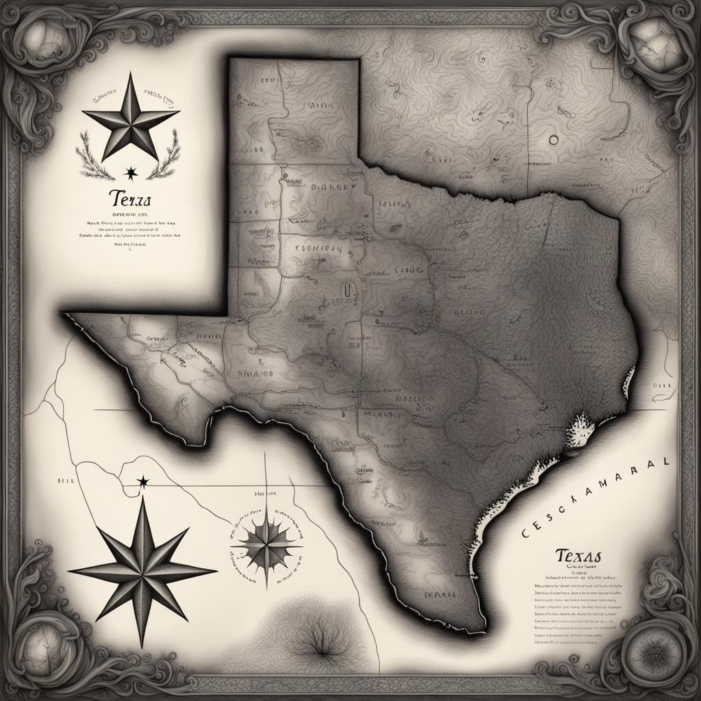Fantasy Style Map of Texas in Charcoal