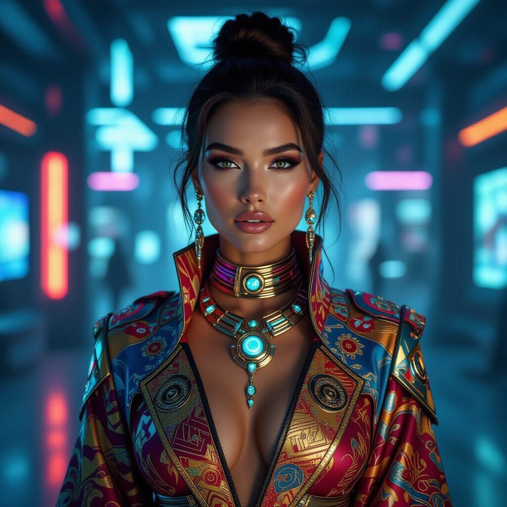 Futuristic Woman in Intricate Clothing with Neon Accents