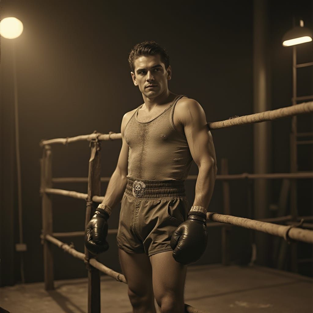 1930s Clark Gable as a boxer in the ring. vintage photograph, sepia, diffuse light.