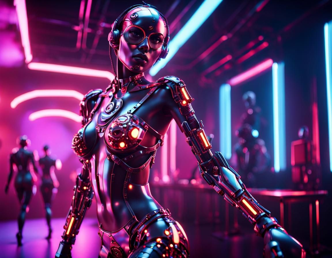 Cyborg Burlesque Dancers in Vibrant Sci-Fi Nightclub