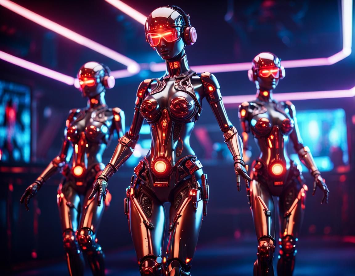 Cyborg Burlesque Dancer in Vibrant Sci-Fi Nightclub