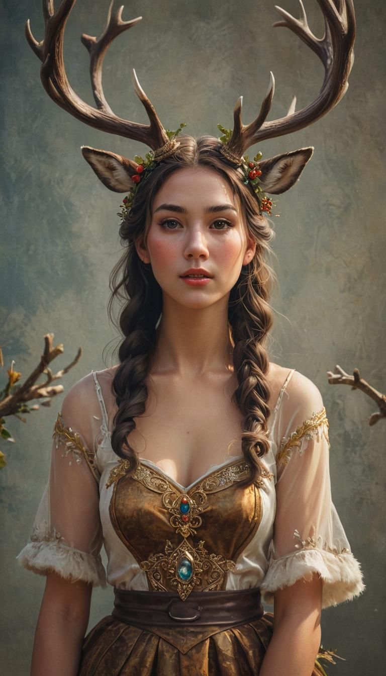Reindeer Girl Portrait as Antique Oil Painting
