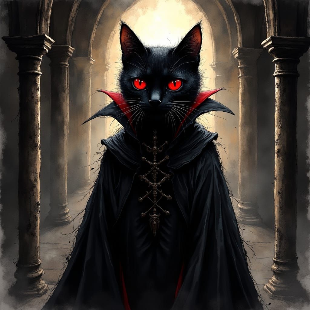 Vampire Black Cat in Gothic Castle Hall