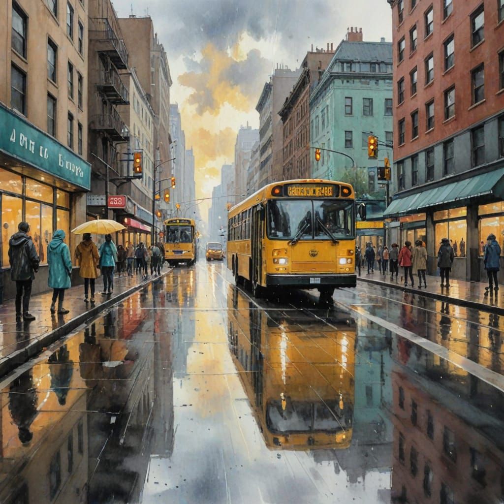 Rainy City Bus Scene at Dawn