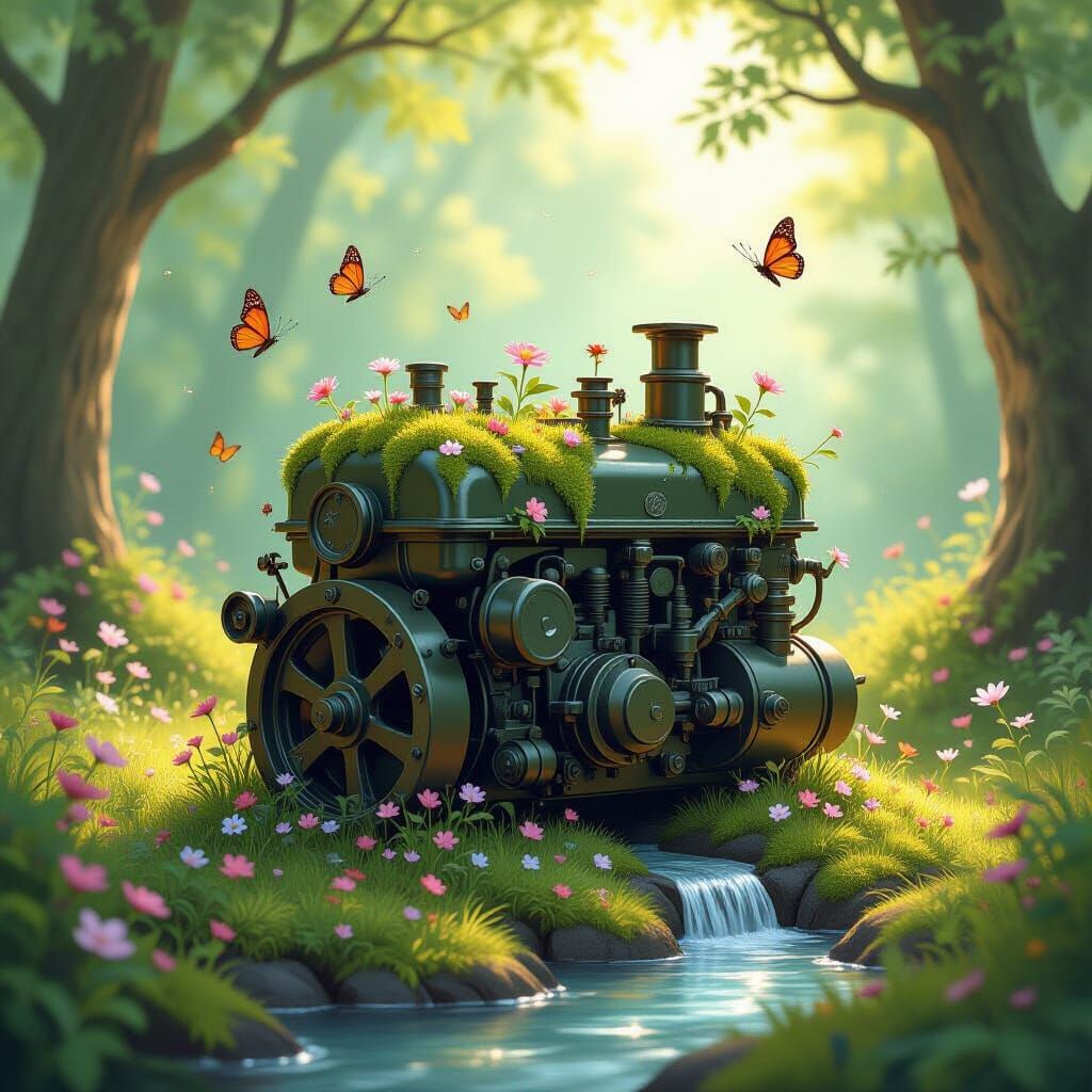 Sentient Engine Block in Enchanted Forest Clearing