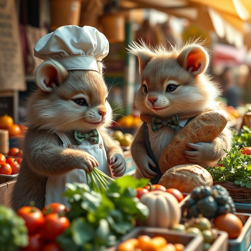 Adorable Creatures Shop at a Bustling Market in Photorealist...