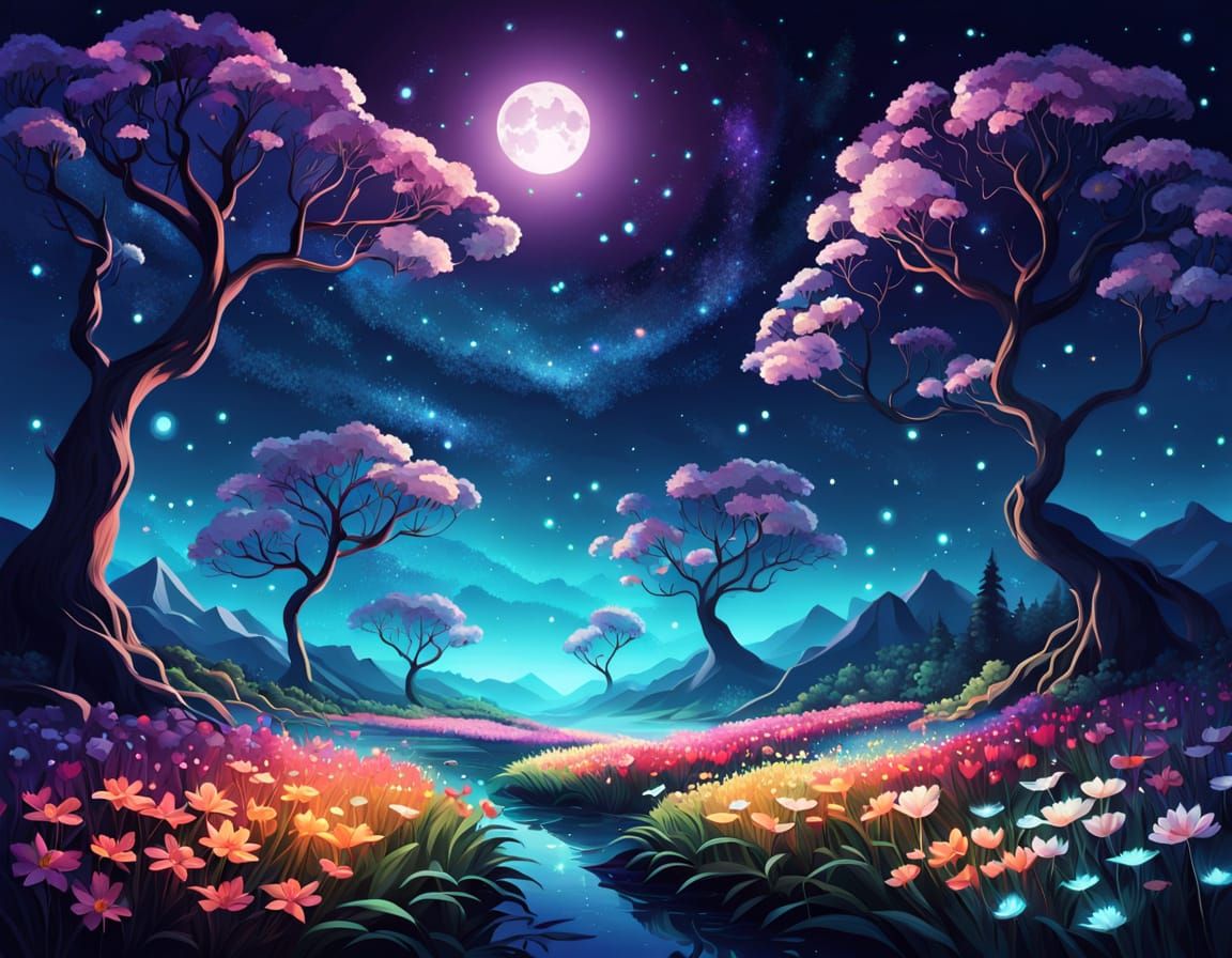 Glowing Floral Fantasy Under a Celestial Moon