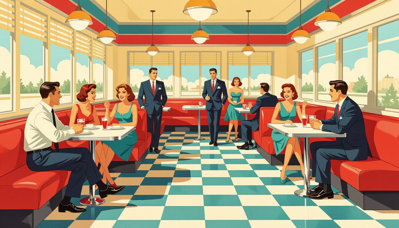 1950s Diner Scene in Mid-Century Poster Style