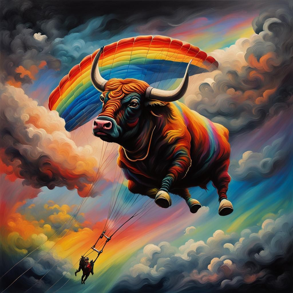 Surreal Bull Paragliding Through Rainbow: Dark Fantasy