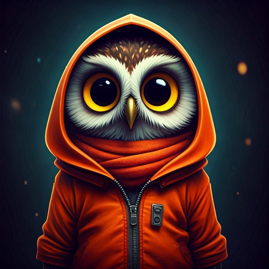 Whimsical Owl in Orange Jacket, Digital Rendering
