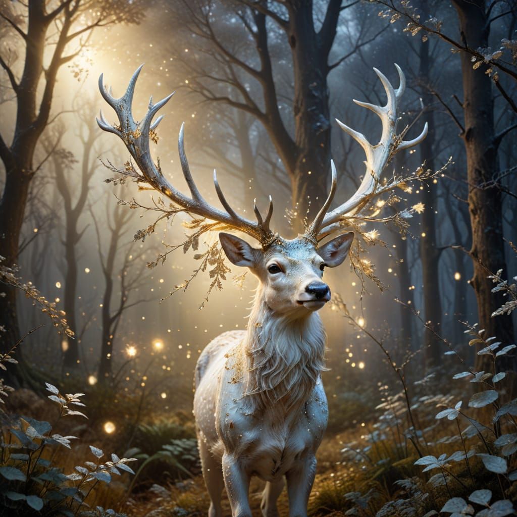 Golden-Horned Deer in Moonlit Forest Glade