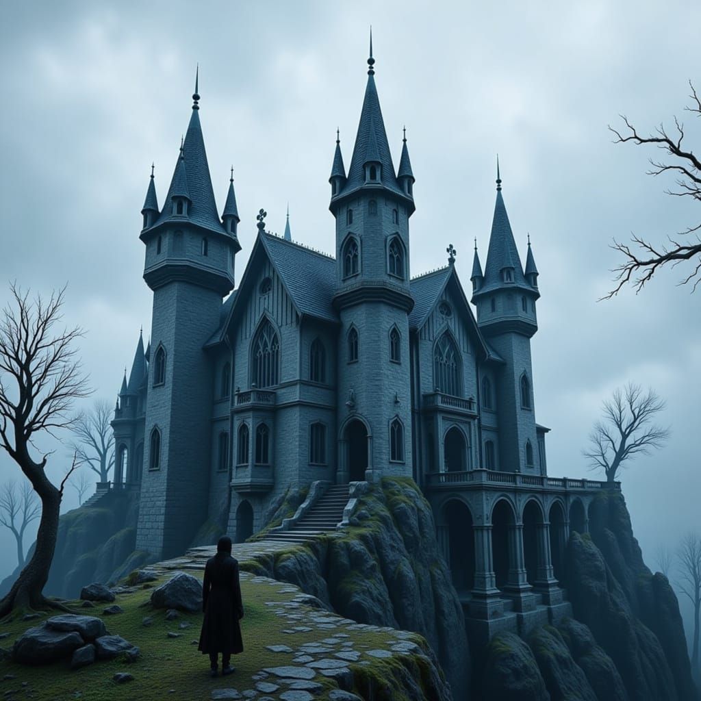Mystical Gothic Mansion on Misty Hill in Retrofuture Style