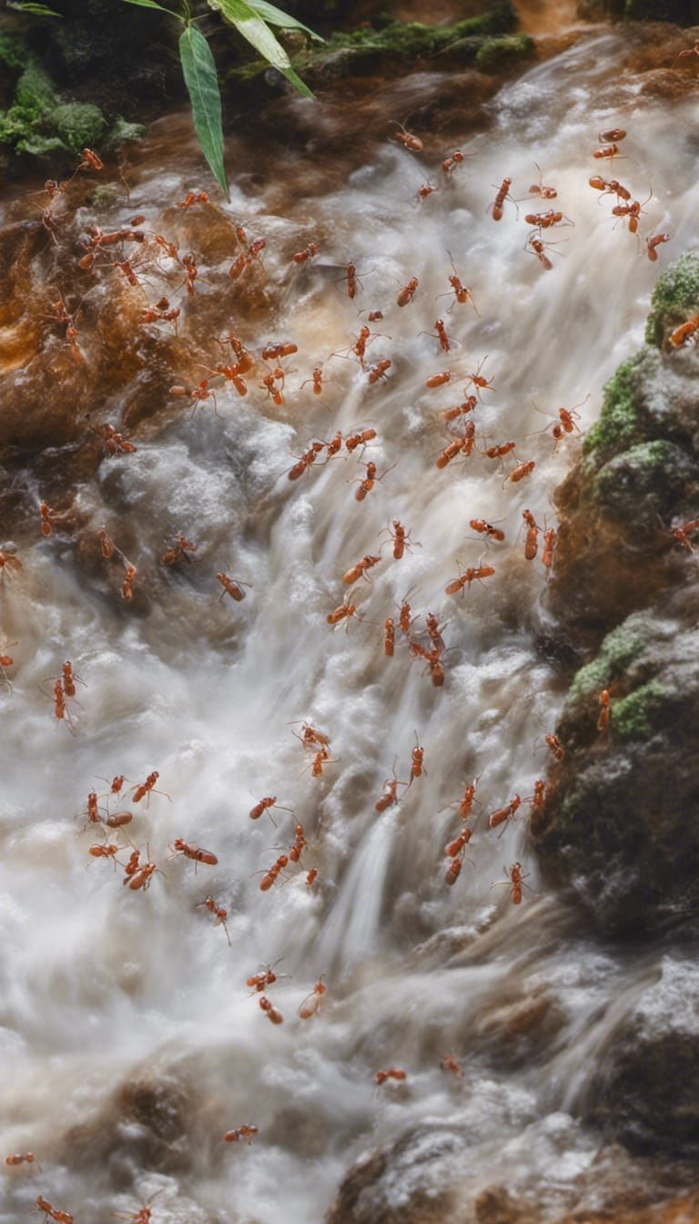 Red Ants Teamwork in Amazon Rainforest Stream