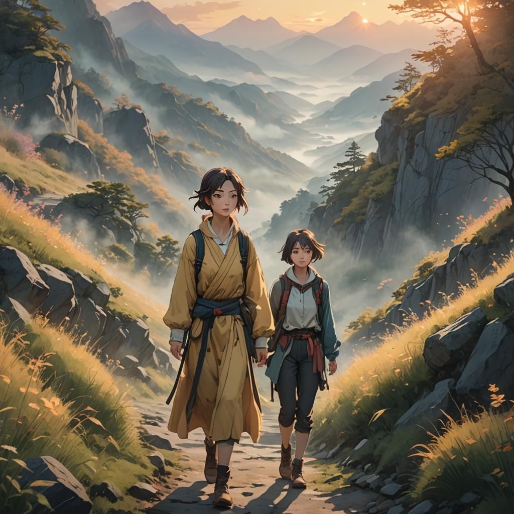 Confident Woman on Misty Path: Anime-Inspired Concept Art