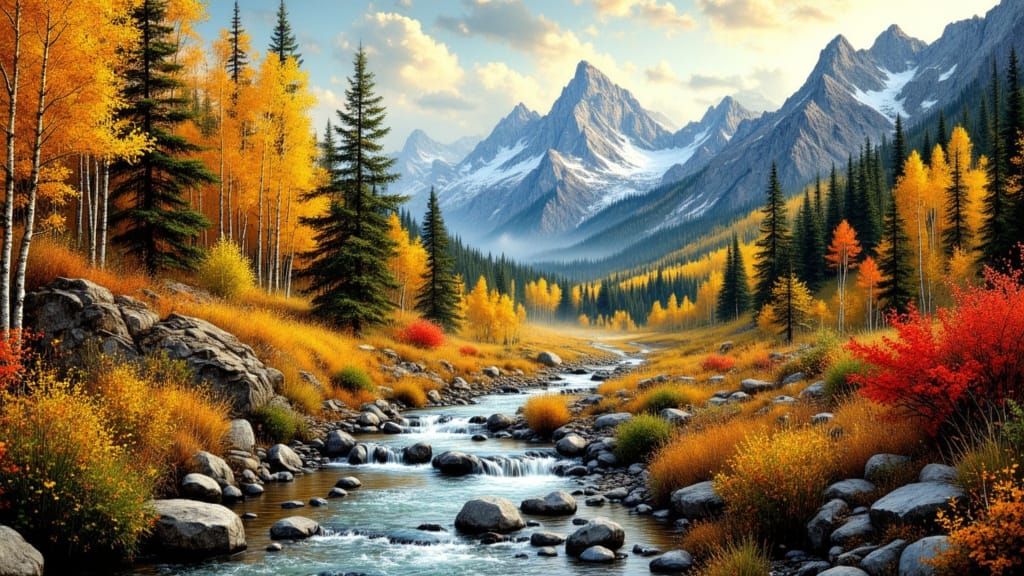 Rocky Mountains Fall Landscape with Cascading Stream