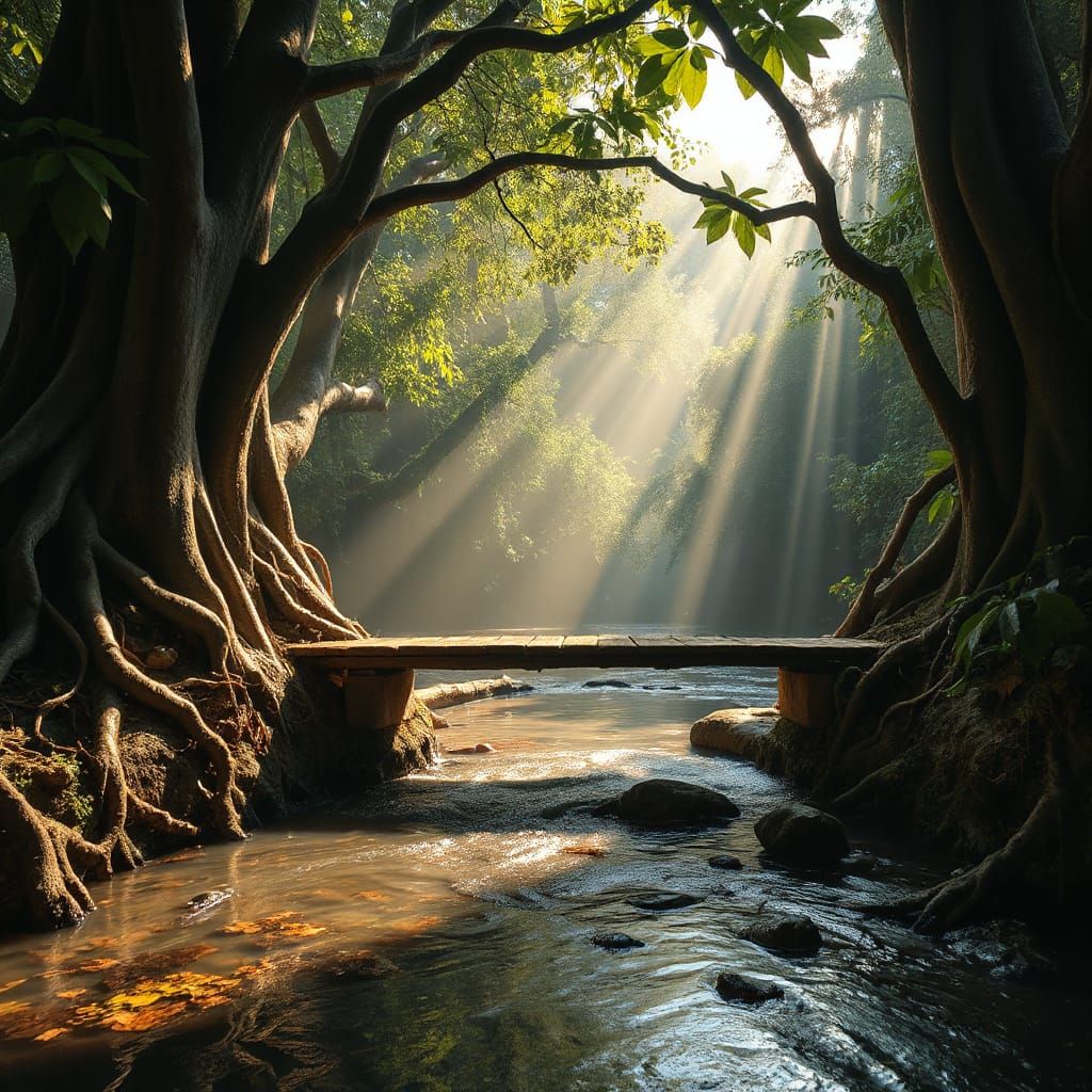 Tropical Rainforest Bridge in Vibrant Oil Painting Style