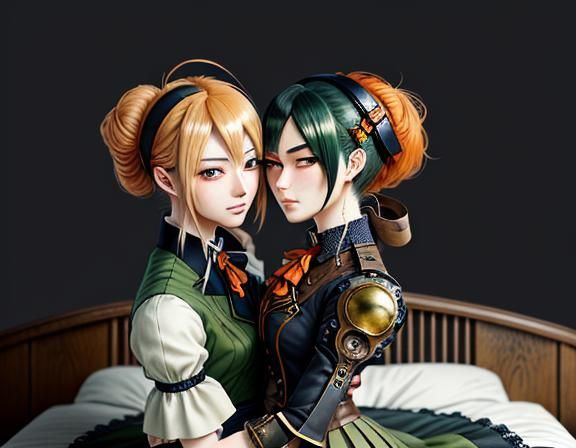 Kemono Twin Sisters Kissing in Steampunk Manga Style