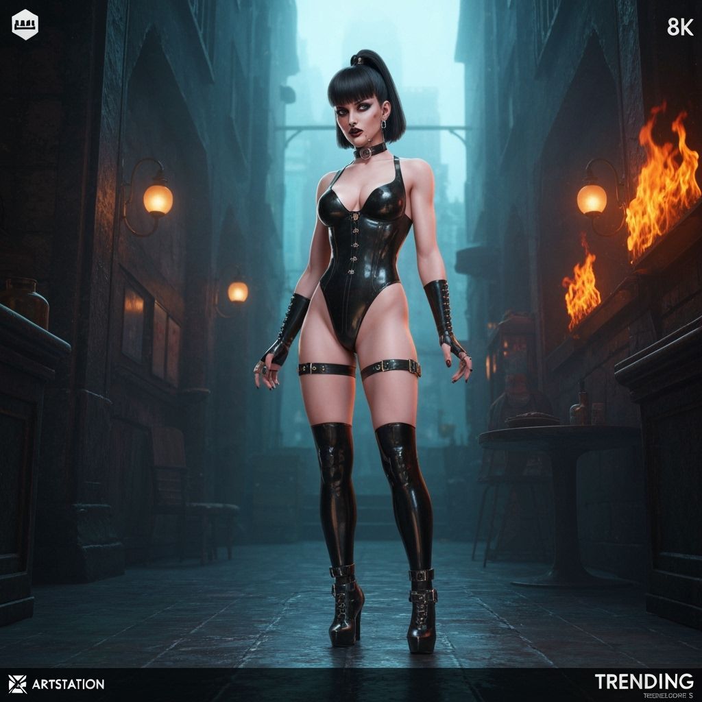 Punk Waitress in Latex Uniform with Gothic Accents