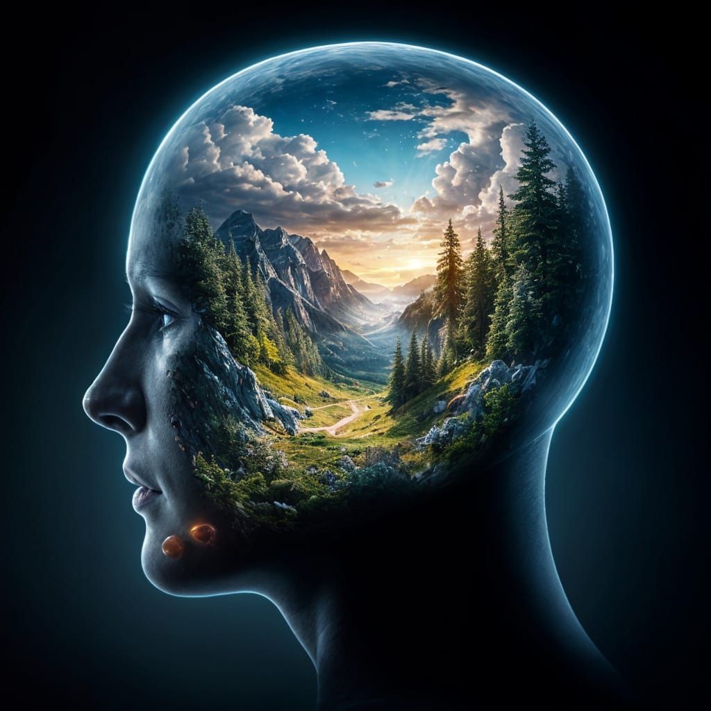 Hyperrealistic Head with Fantasy World Inside