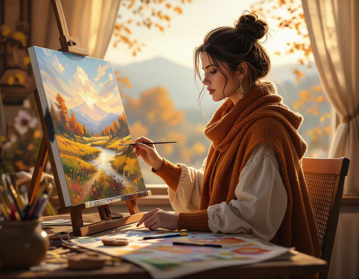 Artist Painting Autumn Landscape in Hyper-Realism Style