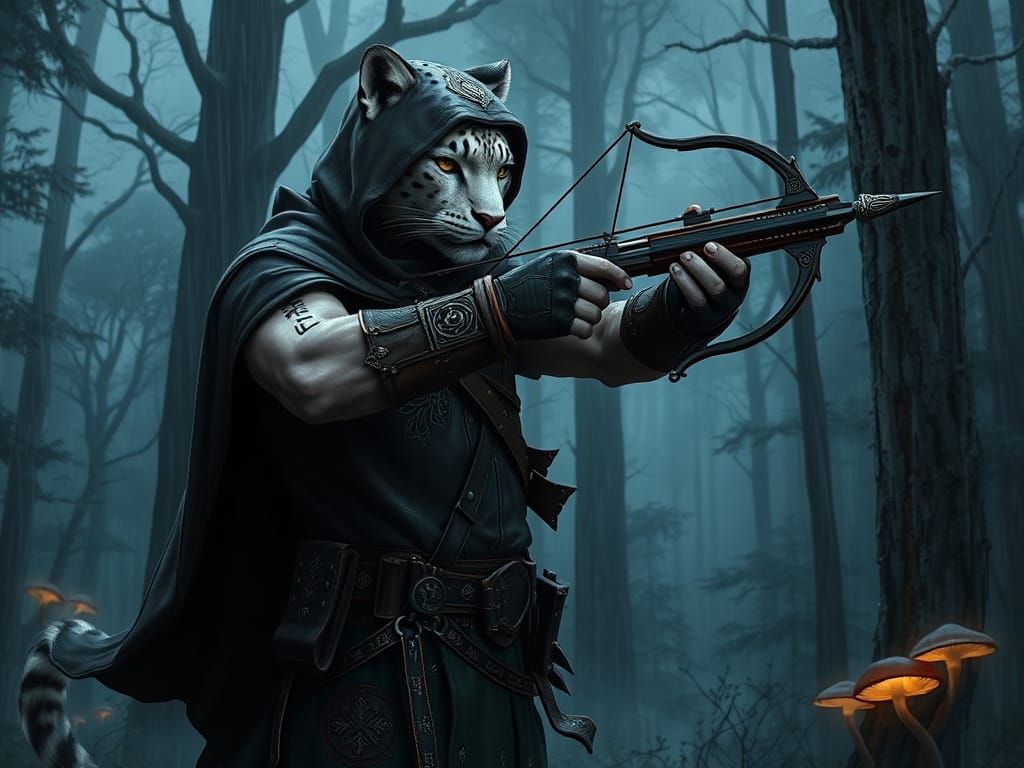 Dark Fantasy Snow Leopard Ranger in Rainy Forest Dusk