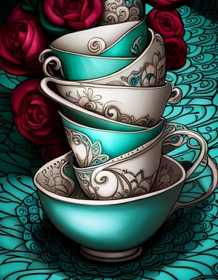 Gothic Teacups with Fractal Flowers, Digital Art