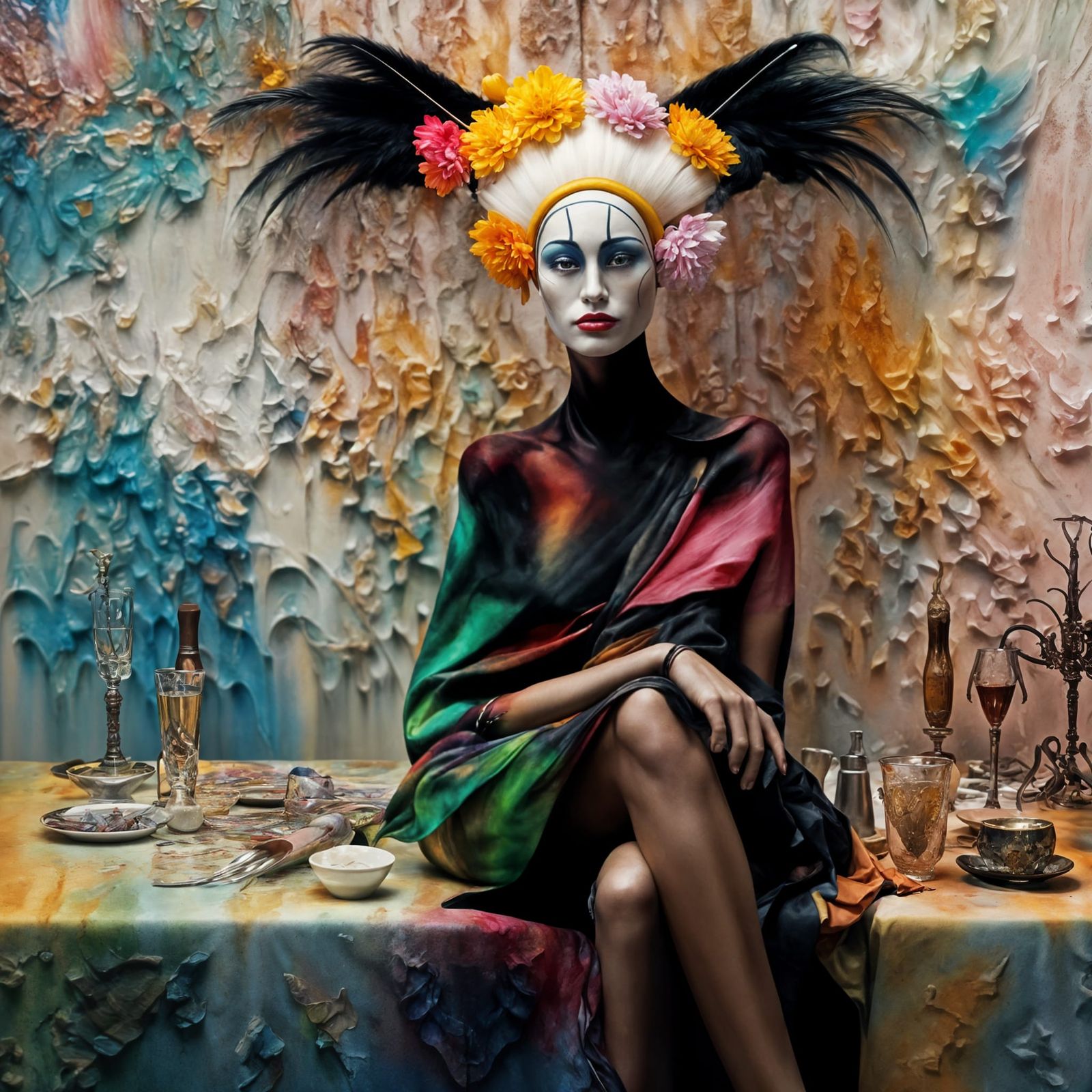 Elegant Alien at Table: Polychromatic Matte Painting