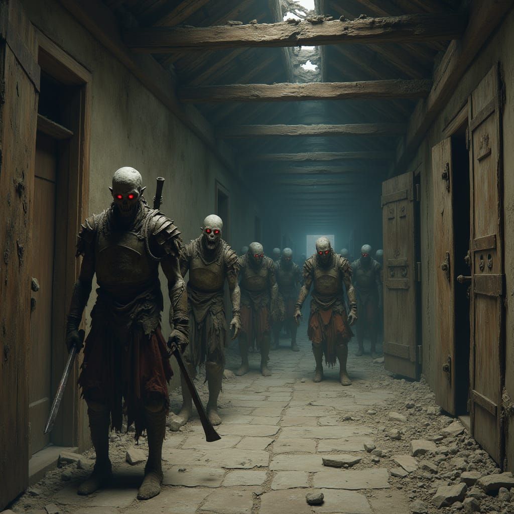 Eerie Dark Souls-Inspired Hallway with Undead Zombies
