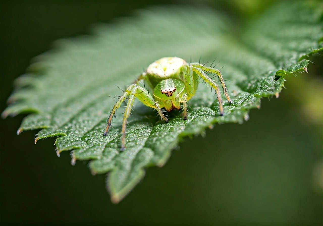 Green Crab Spider Camouflaged on Nettle Leaf
