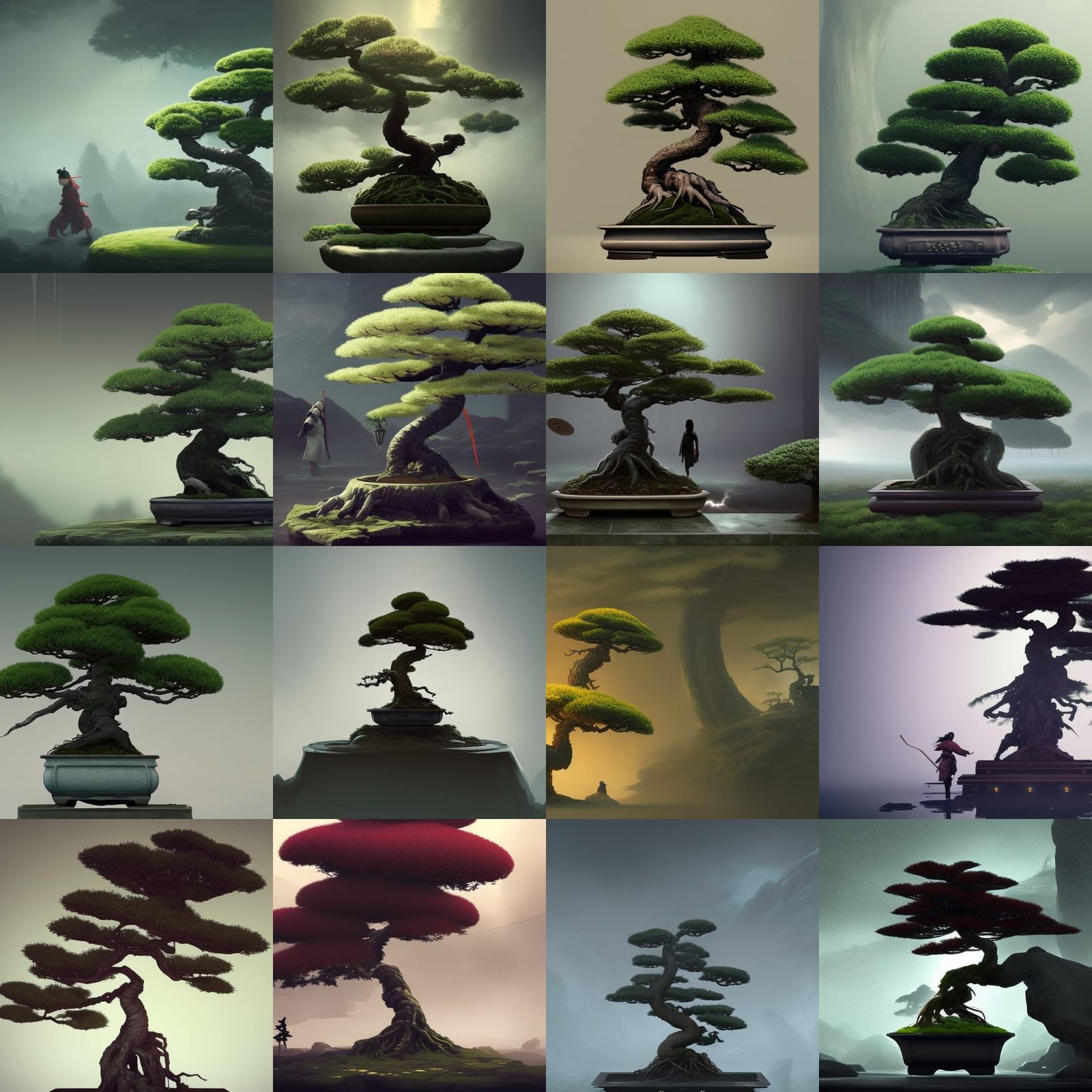 Samurai and Ghostly Figure by Bonsai Tree