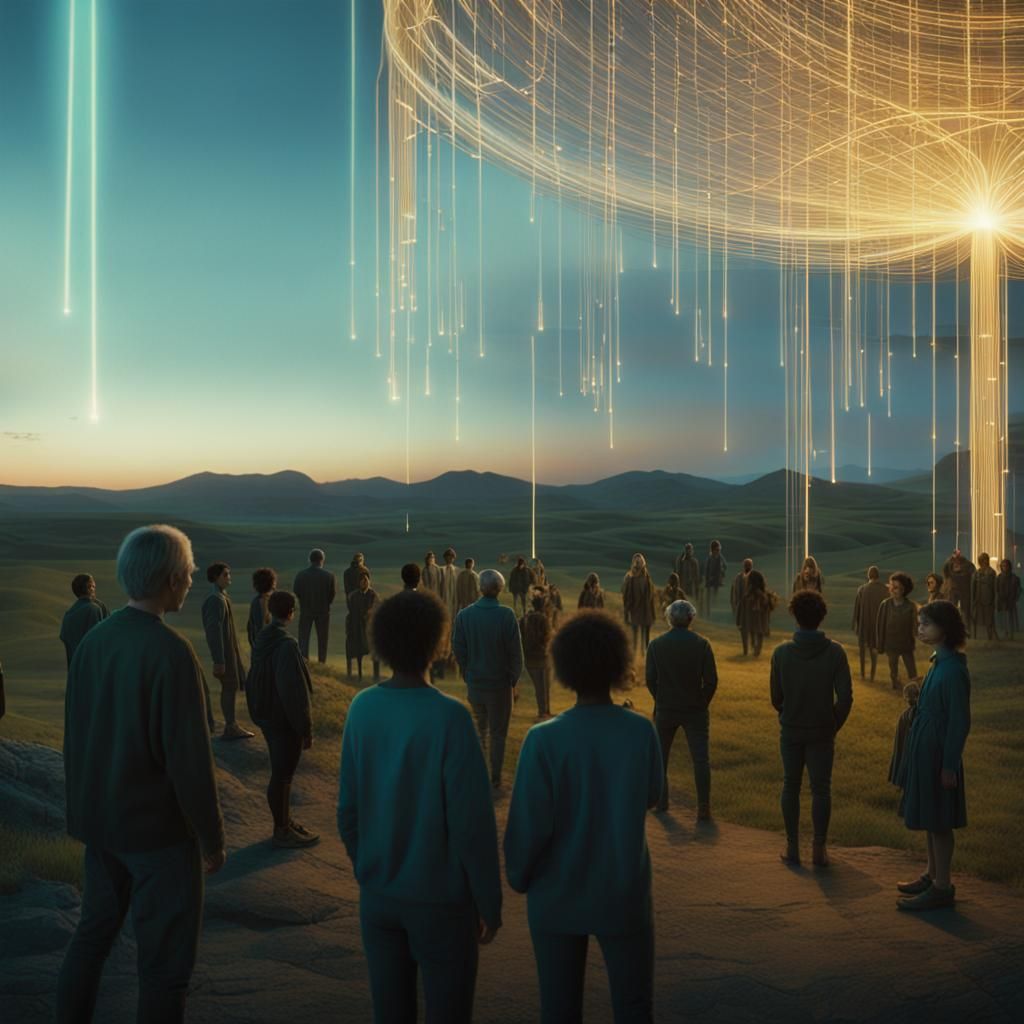 Glowing Threads Connect People in Dawn Landscape