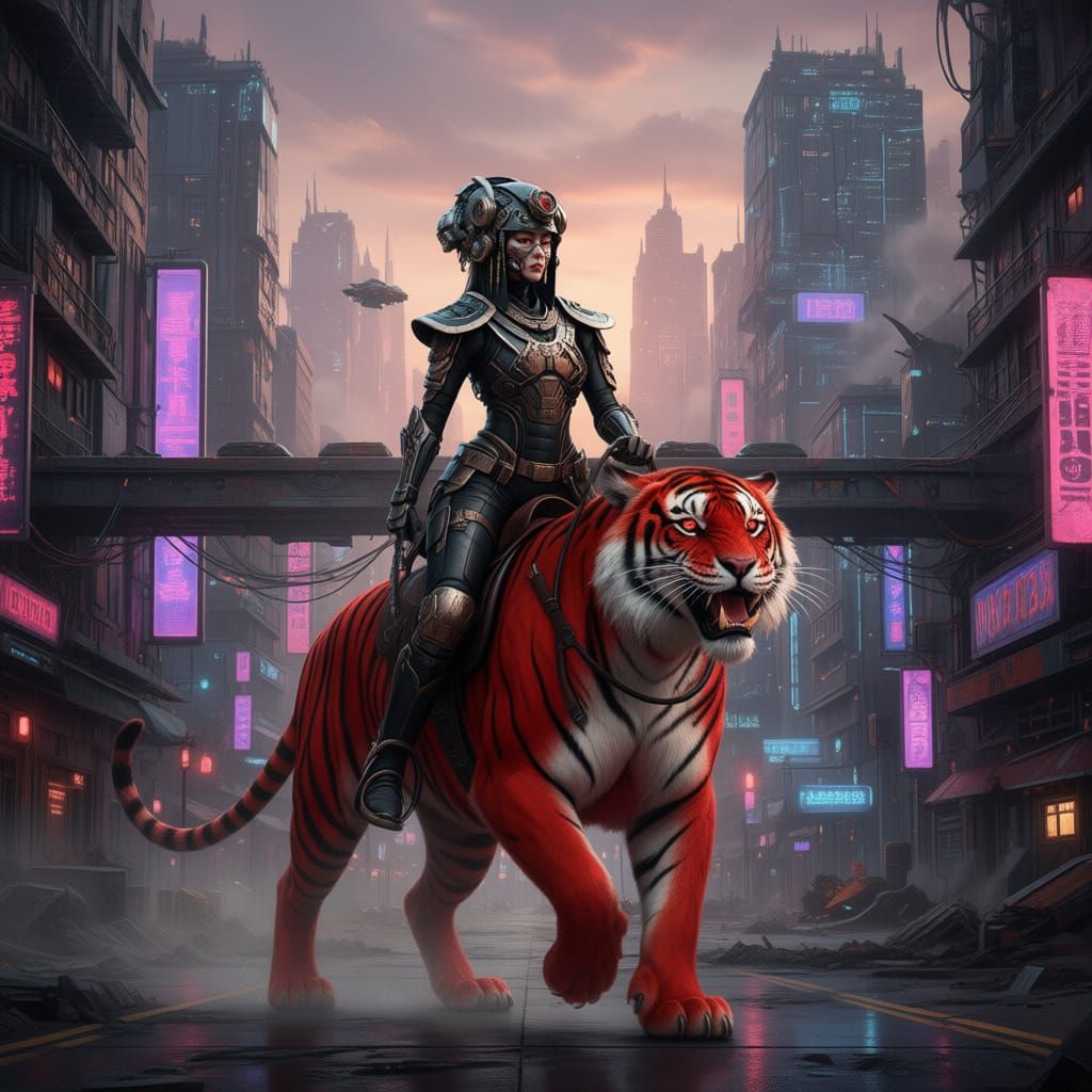 Woman Rides Tiger Through Apocalyptic Future City