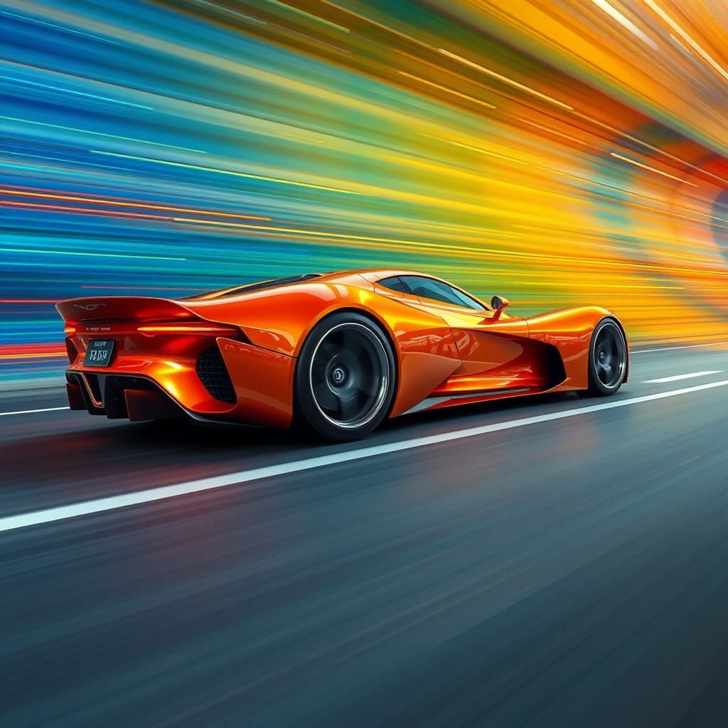 Orange Fantasy Supercar Speeding with Colorful Streaks